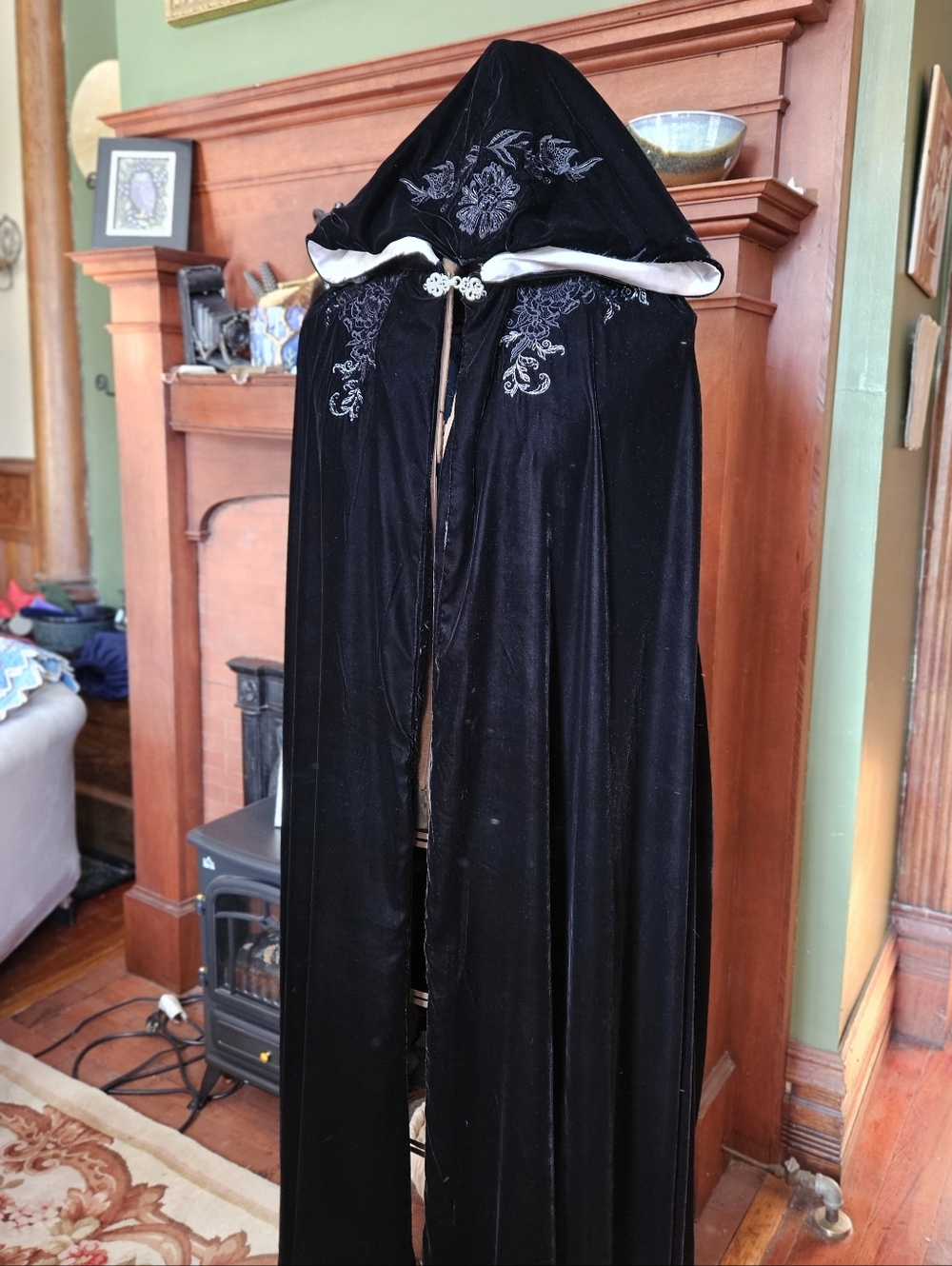 Black Velvet Hooded Cape with Embroidered Detail
